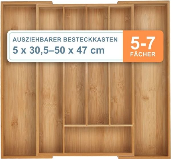Relaxdays Ausziehbarer Besteckkasten aus Bambus
