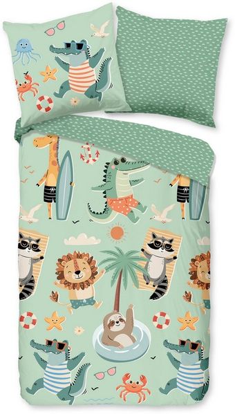 good morning Kinderbettwäsche Soleil, Renforcé, 2 teilig, Baumwolle, Renforcé, 135x200, Wendeoptik, Kind, Junge, Tiere