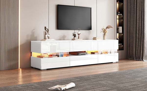 TV-Schrank 160x39x45 cm, Hochglanz Weiß mit LED, 2 Türen & 1 Schublade, Acryl-Einsatz