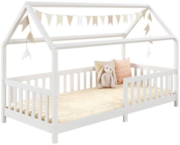 IDIMEX Hausbett NINA aus massiver Kiefer in weiß, schönes Montessori Bett in 90x200, süßes Indianerbett mit Dach