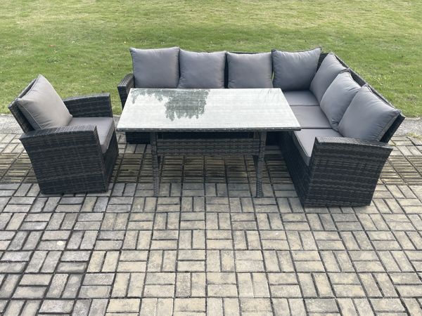 Fimous 7 Sitzer Garten Rattanmöbel Ecksofa Esstisch Sessel Set mit Vorgespanntes Glas und Kissen