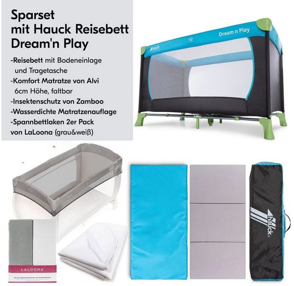 Hauck Baby-Reisebett Dream`n Play - XXL-Set - Waterblue, Baby Kinder Reisebett mit Matratze, 2 Spannbettlaken & Insektenschutz
