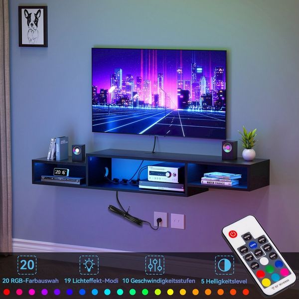 FABATO TV-Schrank schwebender und hängender Fernsehschrank, Lowboard mit LED-Licht mit Steckdosen und Ablagefach für Wohnzimmer, Schwarz, 180*28*15 cm