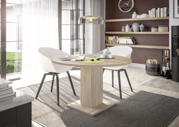 Säulen-Esstisch >Tap< (ausziehbar bis 130cm) in eiche sägerau - 90(130)x76x90cm (BxHxT)