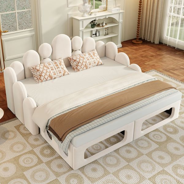 Polsterbett 180x200 cm ohne Matratze, multifunktional mit Haustierbett, Samt in Beige