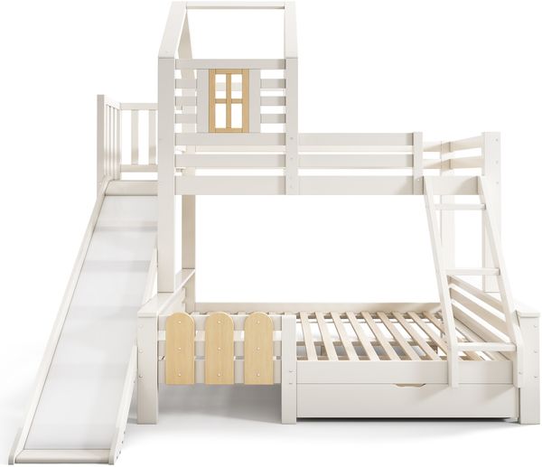 Merax Etagenbett Bett 90x200 & 140x200 cm, mit Schublade, Lattenrost, Rutsche und Leiter, (Ohne Matratze), MDF weiß
