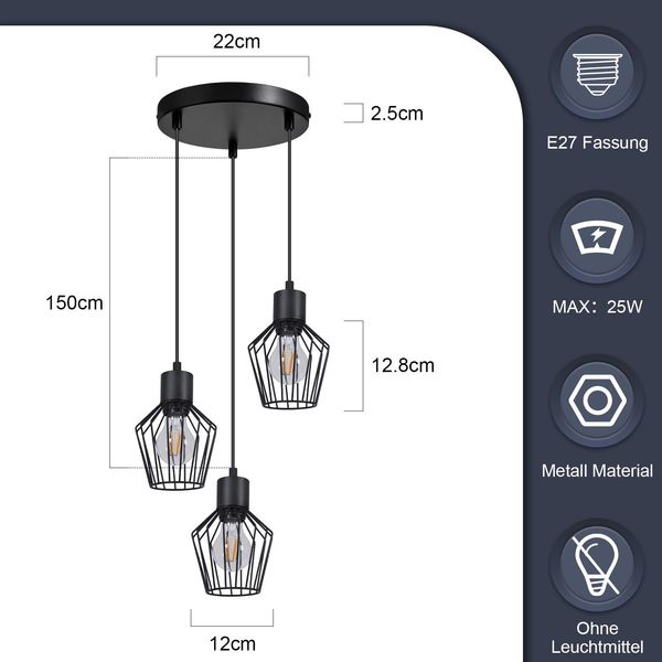 ZMH Pendelleuchte 3-flammig rund Pendelleuchte schwarz LED E27 Metall Retro Bild 5