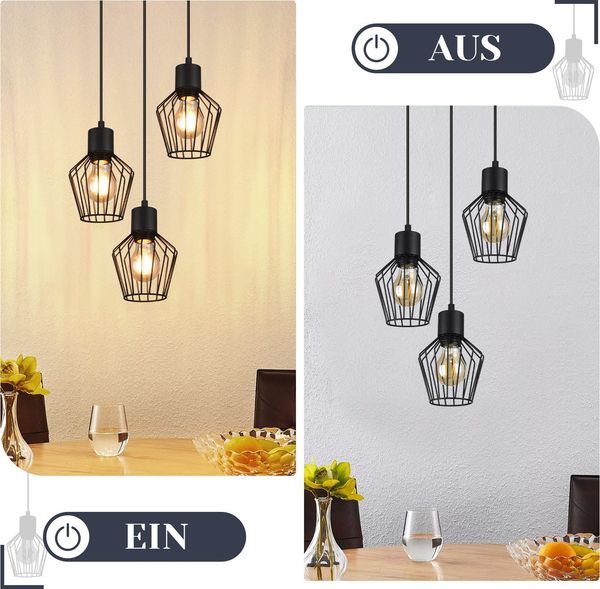 ZMH Pendelleuchte 3-flammig rund Pendelleuchte schwarz LED E27 Metall Retro Bild 6
