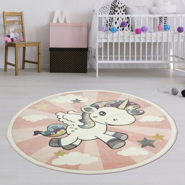 TeppichHome24 Kinderteppich Kinderteppich mit Einhorn Regenbogen in Rosa Creme, Rund, Höhe: 1.3 mm