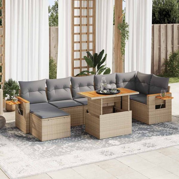 vidaXL 8-tlg. Garten-Sofagarnitur mit Kissen Beige Poly Rattan Akazie 3327629