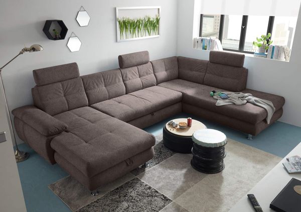 Wohnlandschaft Alba von ED Exciting Design mit Schlaffunktion & Bettkasten – U-Form Sofa aus hochwertigem Brego-Stoff