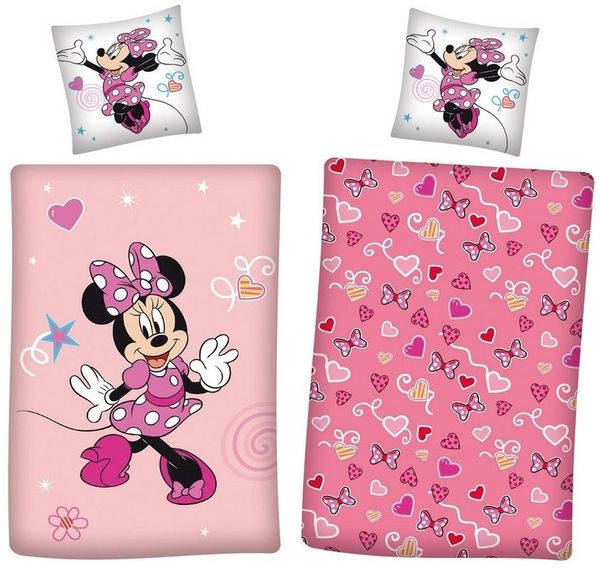 Minnie Mouse Bettwäsche Set (2-tlg. ) rosa Motiv mit Herzen und Schleifen 135x200 + 80x80 cm Flanell mit Reißverschluss