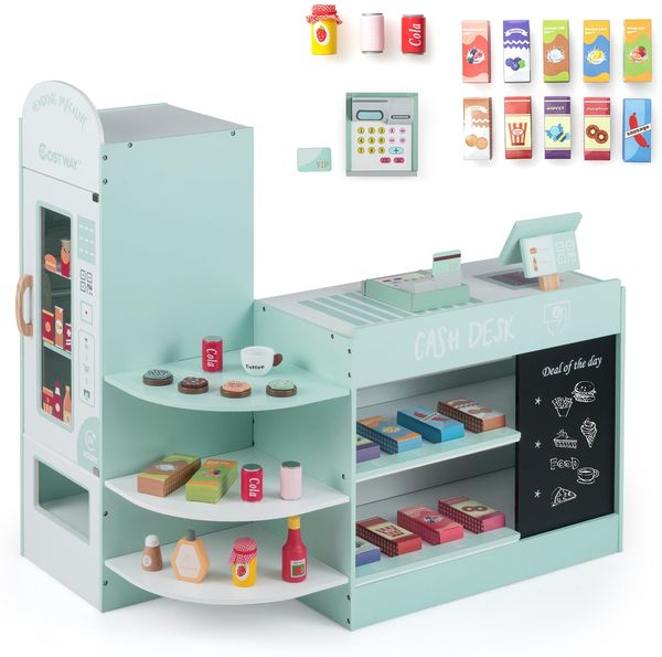 Kinder Supermarkt Spielset mit Kasse & POS-Maschine & Verkaufsautomat & Tafel Minzgrün