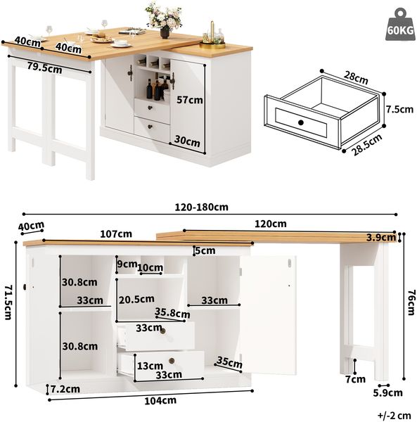 Ausziehbarer Bartisch, 360° Drehfunktion und Stauraum, Längenverstellbar von 120–180 cm, Wohnzimmer, Esszimmer, Homeoffice, Design-Stehtisch, Weiß, 120–180 x 39 x (nicht angegeben) Bild 9
