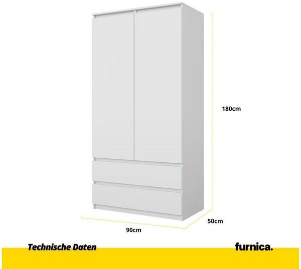 Furnica Kleiderschrank Joelle Weiß Matt, 2 Türen und 2 Schubladen H180cm B90cm T50cm