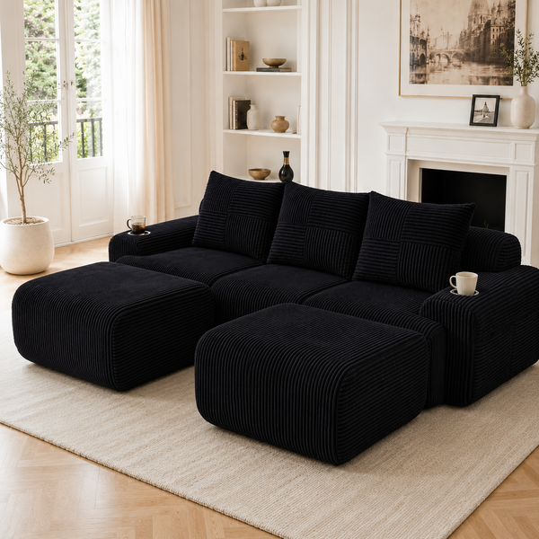 Modulares 3-Sitzer Cordsofa m. 2 Hockern, Getränkehalter, Tasche, Schwarz
