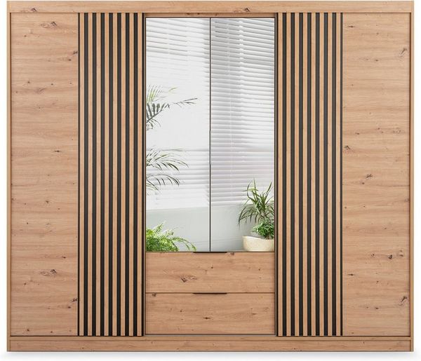 Deine Möbel 24 Kleiderschrank MAROKO 250 cm mit Spiegel, Schiebetüren, Lamellen & Schubladen (Pflegeleichte, robuste Oberfläche (Laminatplatte, 16 mm), 1-St, Perfekter Schwebetürenschrank für Flur, Garderobe, Schlafzimmer) Drehtürenschrank in Artisan E...