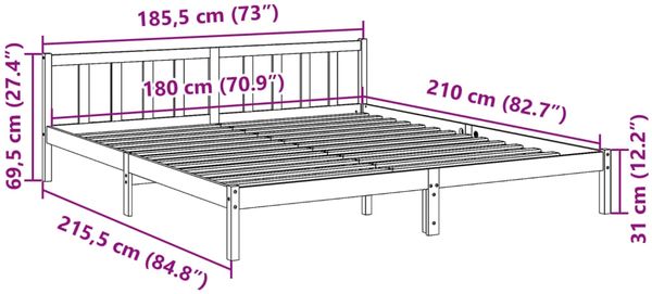 vidaXL Massivholzbett Extra Lang ohne Matratze Weiß 180x210 Kieferholz 852439 Bild 9