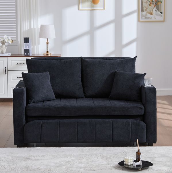 Schlafsofa 139 x 83 x 58 cm, ausziehbar, aus Chenille in Schwarz, mit Seitentaschen und 4 Kissen