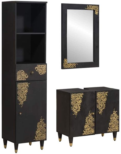 vidaXL Badezimmerschrank-Set mit Tür 3 pcs Schwarz Massivholz Mango 3310160