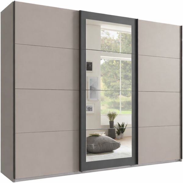 Schwebetürenschrank Kleiderschrank 3-türig mit Spiegel Zubehör in Sand Grau, modern, 270cm x 65cm x 208cm (BxTxH)