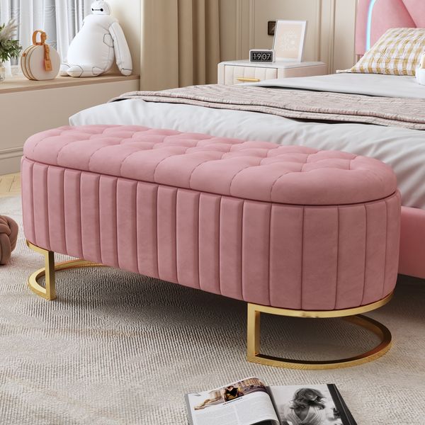 Fußbank, Gepolsterte Sitzbank mit Stauraum, Schlafkoffer und Sofabank, Samtstoff, Rosa, 120×40 cm