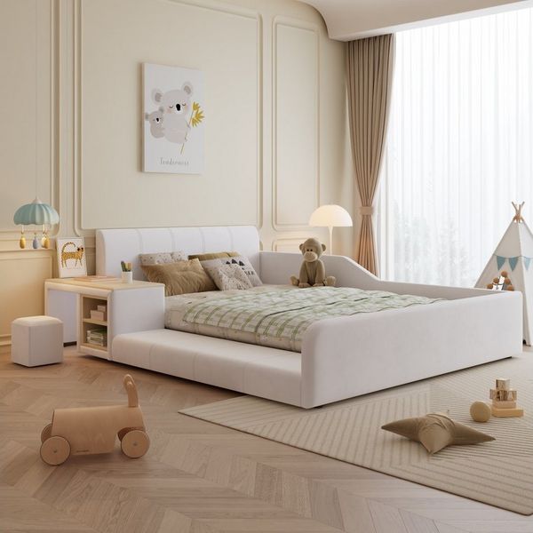 REDOM Polsterbett Kinderbett mit Schreibtisch und Hocker (140x200 cm Samt, Weiches Kopfteil, Robuste Holzlatten, Inklusive Ablageboden, Ideal für Schlafzimmer & Jugendzimmer), Inklusive Matratze
