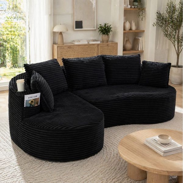 Odikalo Ecksofa Sofa Couch mit Schlaffunktion, L Form Cord, mit Becherhalter & Stautasche. Hochdichter Schaumstoff für angenehmen Sitzkomfort. Inkl. Kissen – komprimiert, sofort einsatzbereit. Für jeden Wohnbereich.