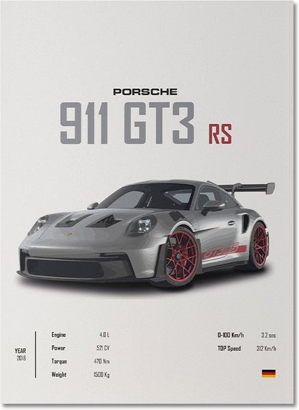 Poster Sportwagen PORSCHE 911 AUDI Rs MERCEDES Amg Gtr Super Sport Auto · Geschenk für ihn · Wohnzimmmer Büro · Wand Deko PrintIohne Rahmen - 40 x 60 cm / PORSCHE 911 GT3 RS Silber