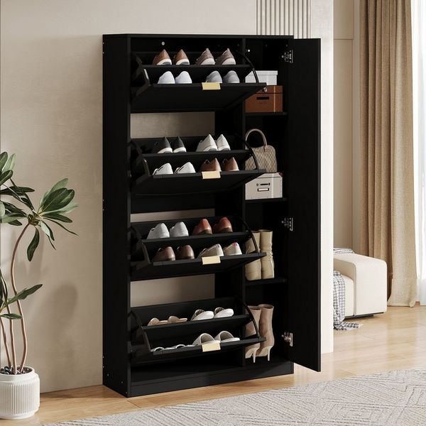 Flieks Schuhschrank mit Spiegel (1-St, B80/H147/T24 cm) Schuhkommode mit 4 Klappen Schuhregal Schuhkipper Schwarz