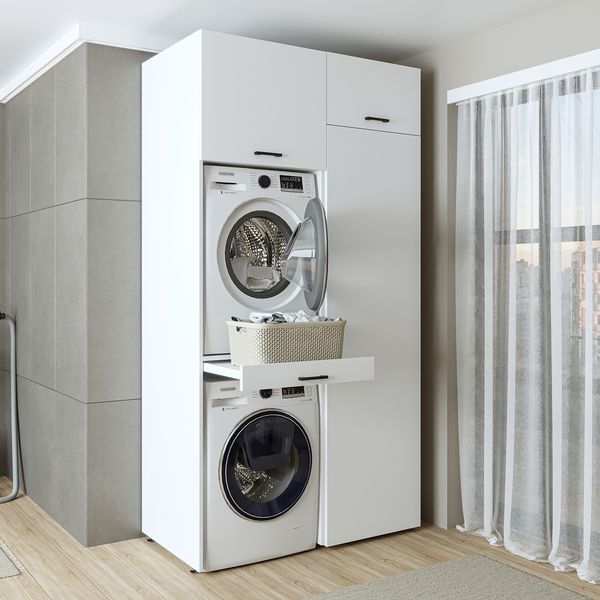 Roomart DUO-I Waschmaschinenschrank 127 cm – Waschmaschine & Trockner übereinander, Hochschrank • Weiß