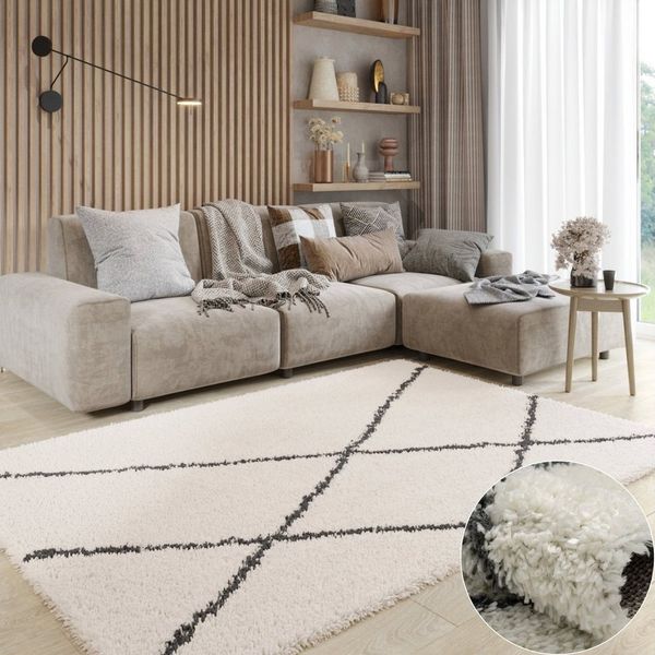 Wohnando Teppich MY-RUG Hochflorteppich Shaggy Luxe 90x60cm, rechteckig, Höhe: 38 mm, Scandi Rauten Design, leicht glänzend, extra flauschig