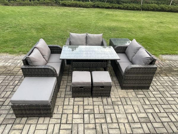 Fimous 9 Sitzer Outdoor Rattan Gartenmöbel-Set mit Terrassen Rechteckiger Esstisch Liebe Sofa Beistelltisch 3 Fußhockern Dunkelgrau gemischt