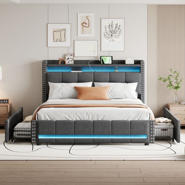 Merax Polsterbett 160*200 cm mit LED-Beleuchtung und USB-Steckdose, Kopfteil mit Ablagen und Stauraum mit 4 Schubladen, Doppelbett für Erwachsene, Leinenstoff Grau