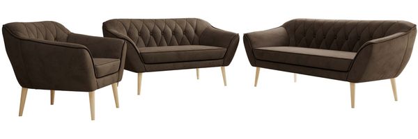 Wohnzimmerset PIRS 1-2-3, Skandinavisches Komplettset, Wellenfederung, Buche Füße, Sitzgruppe, Möbelset - Braun Velvet Bild 6