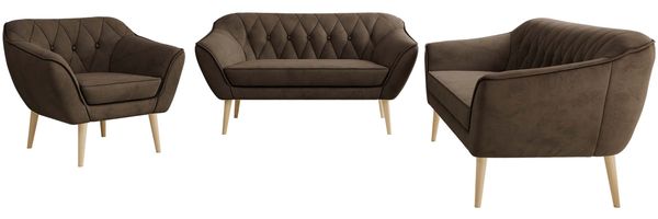 Wohnzimmerset PIRS 1-2-3, Skandinavisches Komplettset, Wellenfederung, Buche Füße, Sitzgruppe, Möbelset - Braun Velvet Bild 7