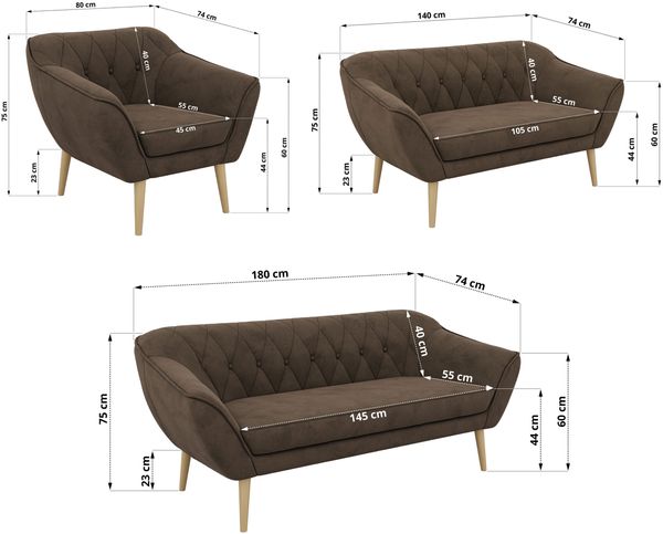 Wohnzimmerset PIRS 1-2-3, Skandinavisches Komplettset, Wellenfederung, Buche Füße, Sitzgruppe, Möbelset - Braun Velvet Bild 5