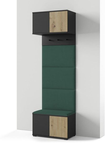 Garderoben-Set Rosario Version 5 mit Lamellen, mit Polsterplatten und Schuhschrank (Schwarz / Eiche Artisan, Trinity 28), 225cm x 40 x 70 cm