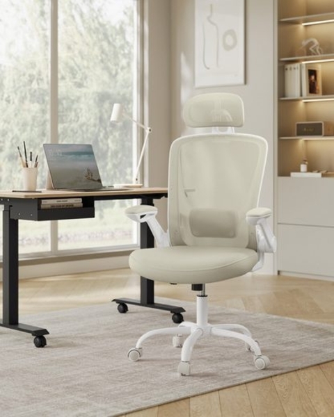 Songmics Bürostuhl ergonomisch, mit Mesh, gepolsterte Lendenstütze, Wippfunktion, klappbare Armlehnen, Kopfstütze, cappuccinobeige, 64x64 x (115-130) cm