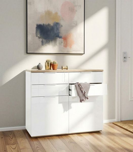 Kommode 'MUNDI', Hochglanz Weiß-Eiche Riviera, Weiß/Eiche, 120 cm