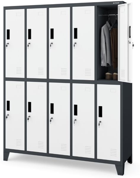 Umkleideschrank Spind BARTEK - 10 Abteile, Etikettenhalter Lüftungsschlitze | Umkleidespind Schließfachschrank Garderobenspind, 172x136x45cm Anthrazit-Weiß