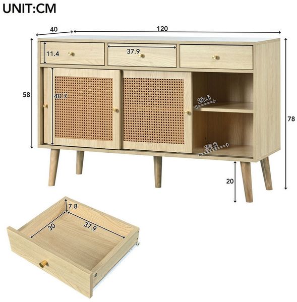 Celya Sideboard Kommode mit 3 Schubladen und 3 Schiebetüren, Rattangeflecht auf den Türfronten