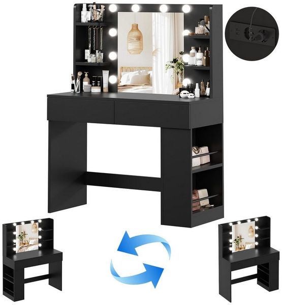 HOMALL Schminktisch mit Spiegel, LED-Beleuchtung, einstellbare Helligkeit, ostern (Länge × Breite × Höhe) 90/110 × 40 × 135 cm, 8 offene Fächer (2 seitliche Fächer sind nach links und rechts verschiebbar), 2 große Schubladen – Ostergeschenk)