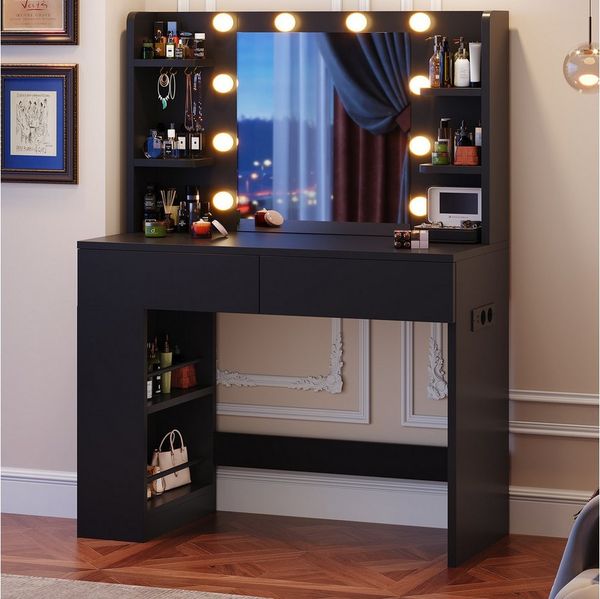 HOMALL Schminktisch mit Spiegel, LED-Beleuchtung, einstellbare Helligkeit, ostern (Langex Brete x Hthe) 90/110 x 40x 135 cm. B ofene Facher (2 seitiche Facher sind nach inks und rechts verschiebban. 2 groBe Schubladen)