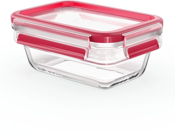 Emsa N10405 Clip & Close Glas Frischhaltedose | 0,45 L | stapelbar | gefrierfest | backofenfest | mikrowellenfest | rutschfestes Stapeln | 100% dicht | spülmaschinenfest | Transparent/Rot