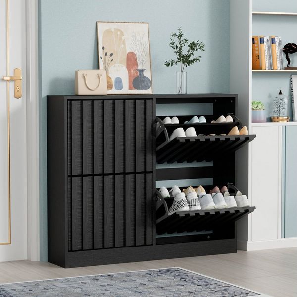 UEV Schuhschrank mit 4 Klappen, Schuhregal Schmal, Schuhkipper (Packung, Schuhkommode mit Anti-Kipp System) verstellbare und herausnehmbare Trennwände für verschiedene Schuhtypen