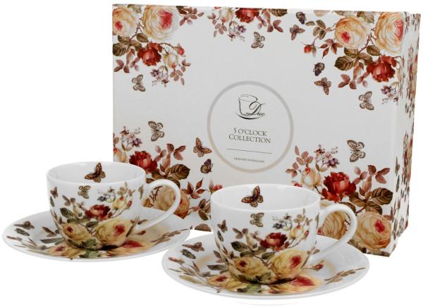 DUO FLORAL 2er-Set Espressotassen 90 ml ZAHRA mit Untertassen, New Bone China Porzellan