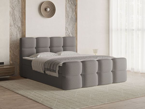 GRAINGOLD Rivon Doppelbett 180x200, Boxspringbett, zwei Bettkästen, mit Kopfteil, Modern Stil, Bouclé-Stoff, Grau