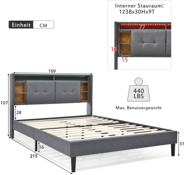 Polsterbett 160x200 cm mit Stauraum-Kopfteil, LED-Beleuchtung und Ladestation Bild 5