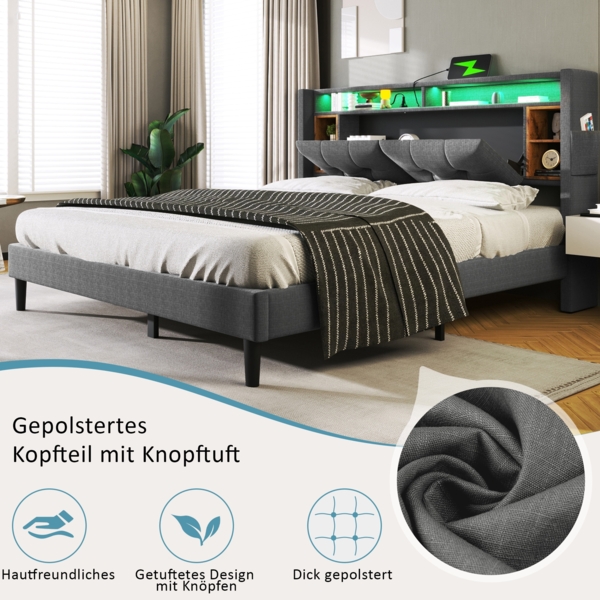Polsterbett 160x200 cm mit Stauraum-Kopfteil, LED-Beleuchtung und Ladestation Bild 8
